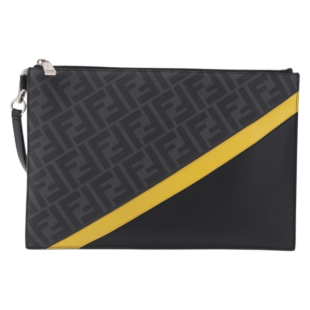 FENDI Zucca Canvas Clutch Bag PVC Black Silver 7N0100 Auth ki6931V