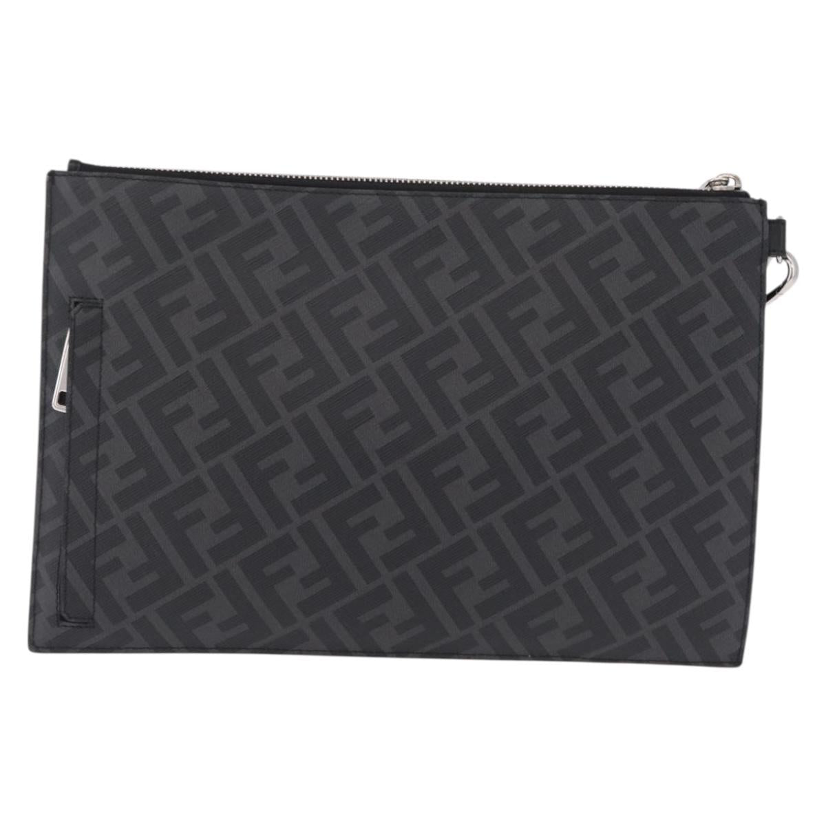 FENDI Zucca Canvas Clutch Bag PVC Black Silver 7N0100 Auth ki6931V