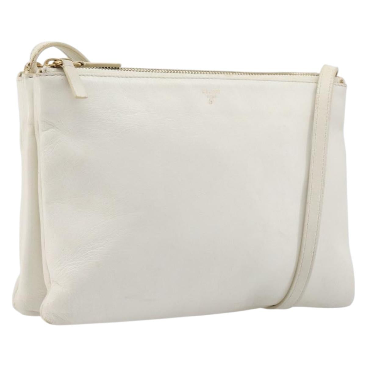 CELINE Trio Large Shoulder Bag Leather White Gold Tone Auth ki6945