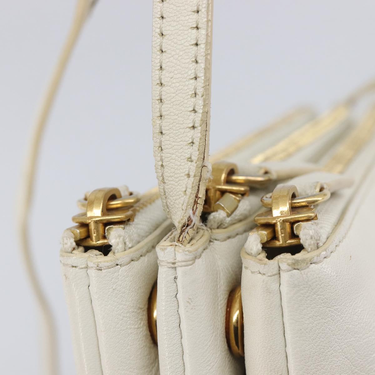 CELINE Trio Large Shoulder Bag Leather White Gold Tone Auth ki6945