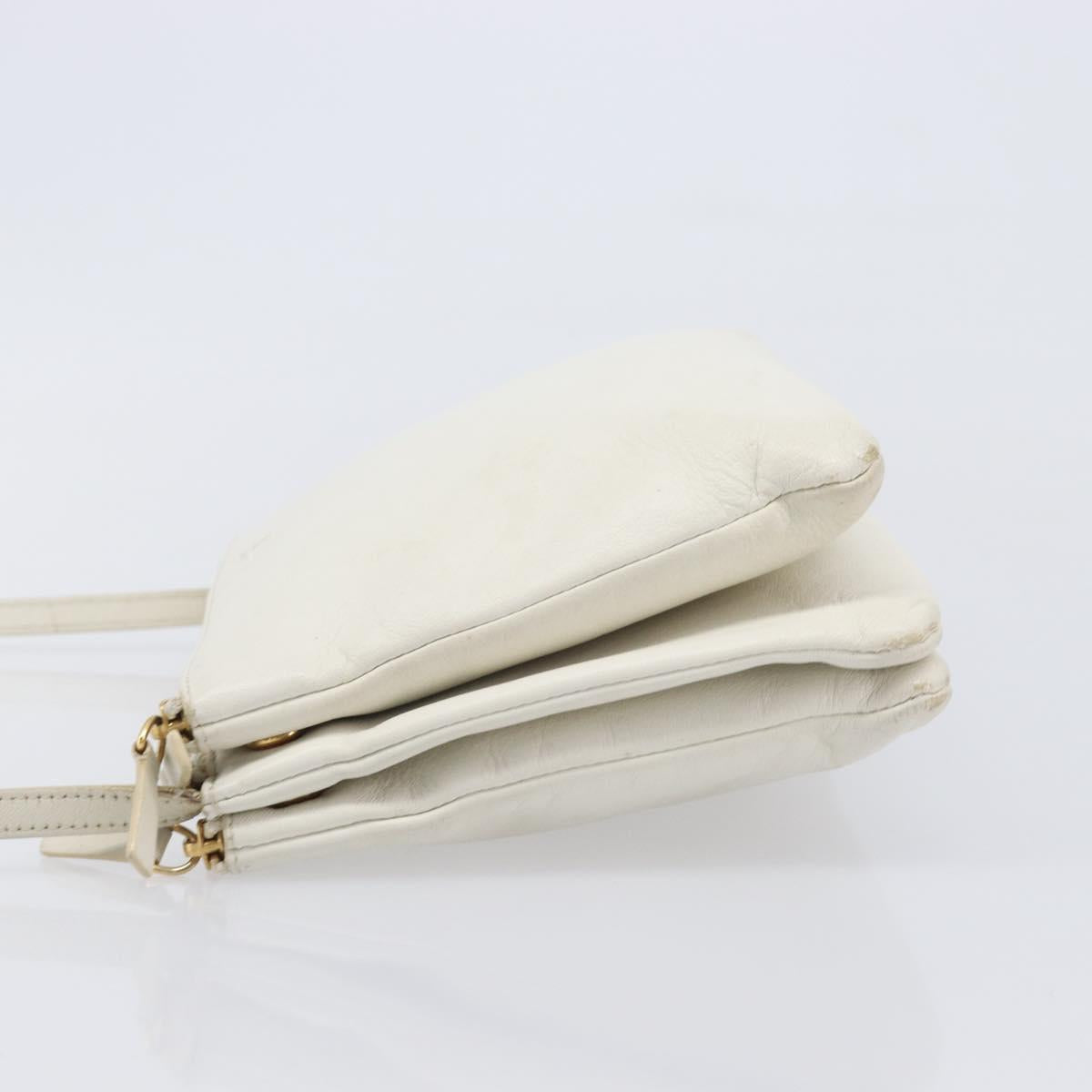 CELINE Trio Large Shoulder Bag Leather White Gold Tone Auth ki6945