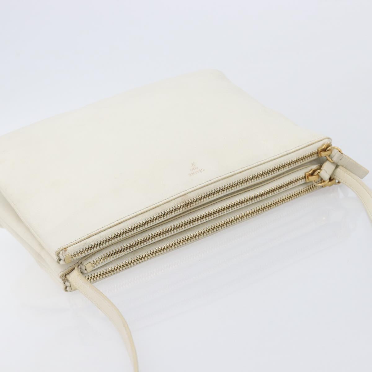 CELINE Trio Large Shoulder Bag Leather White Gold Tone Auth ki6945