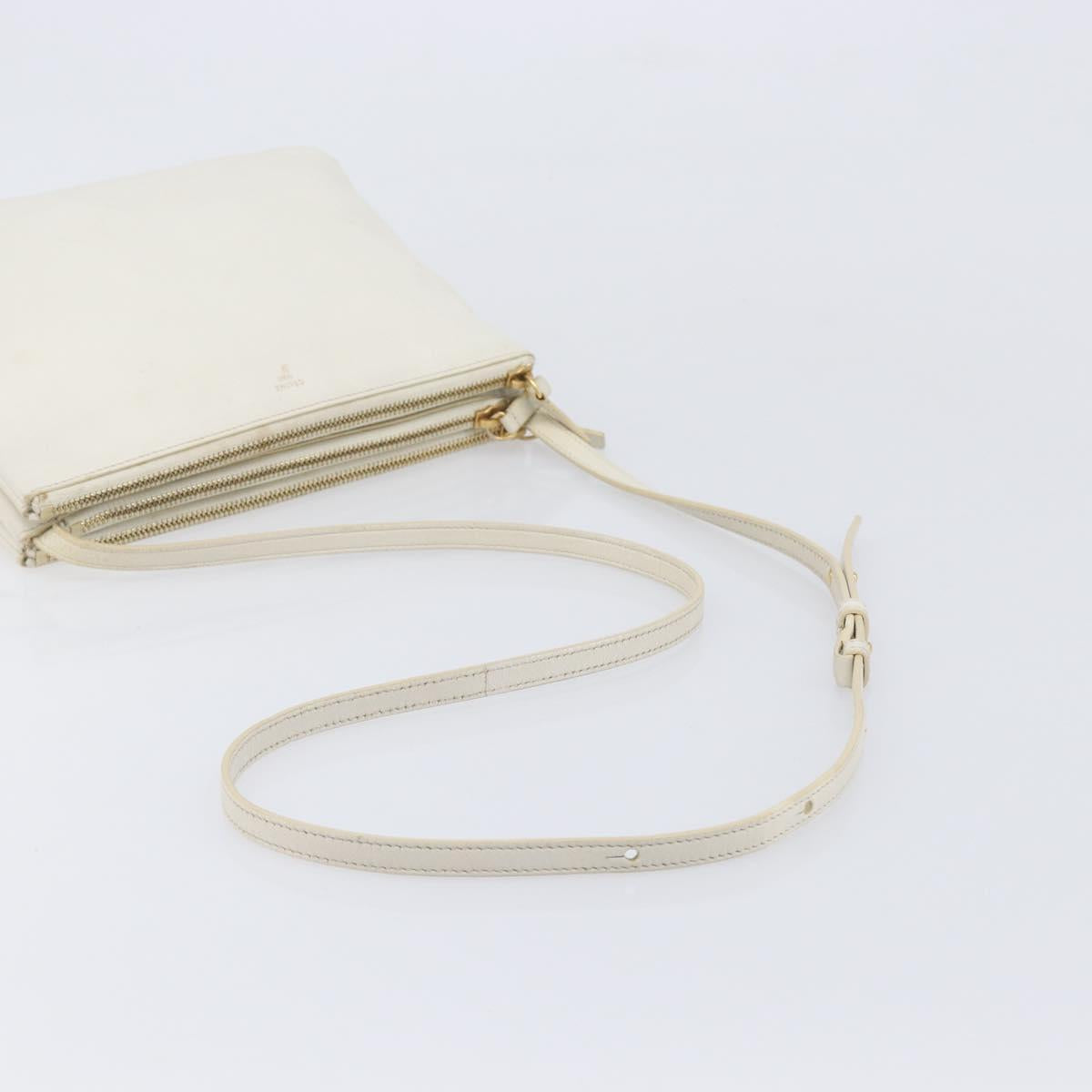 CELINE Trio Large Shoulder Bag Leather White Gold Tone Auth ki6945