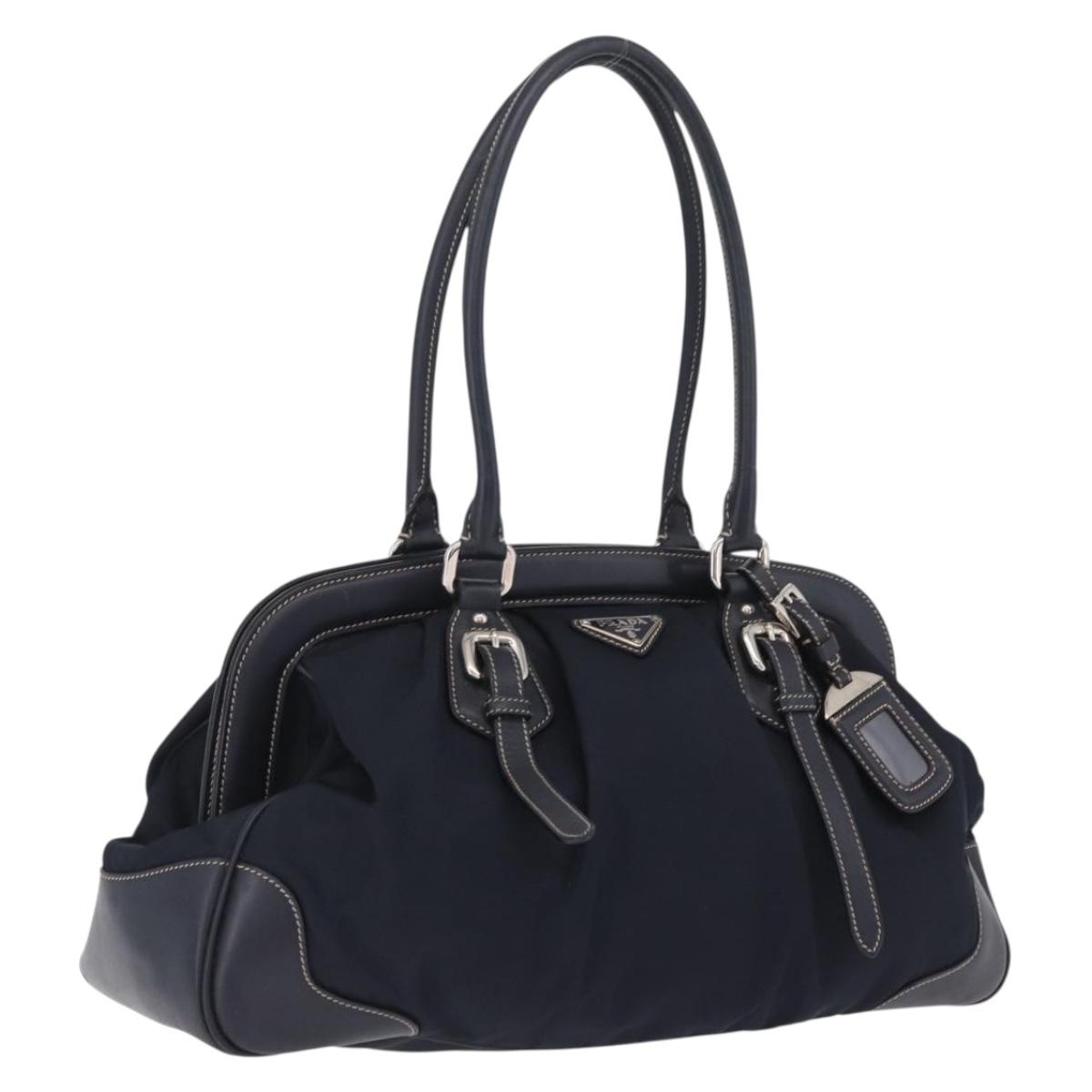 PRADA Boston Bag Nylon Navy Silver Auth ki6952V