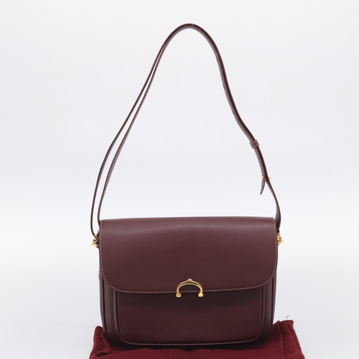 Cartier Shoulder Bag Leather Bordeaux Gold Auth ki6976V