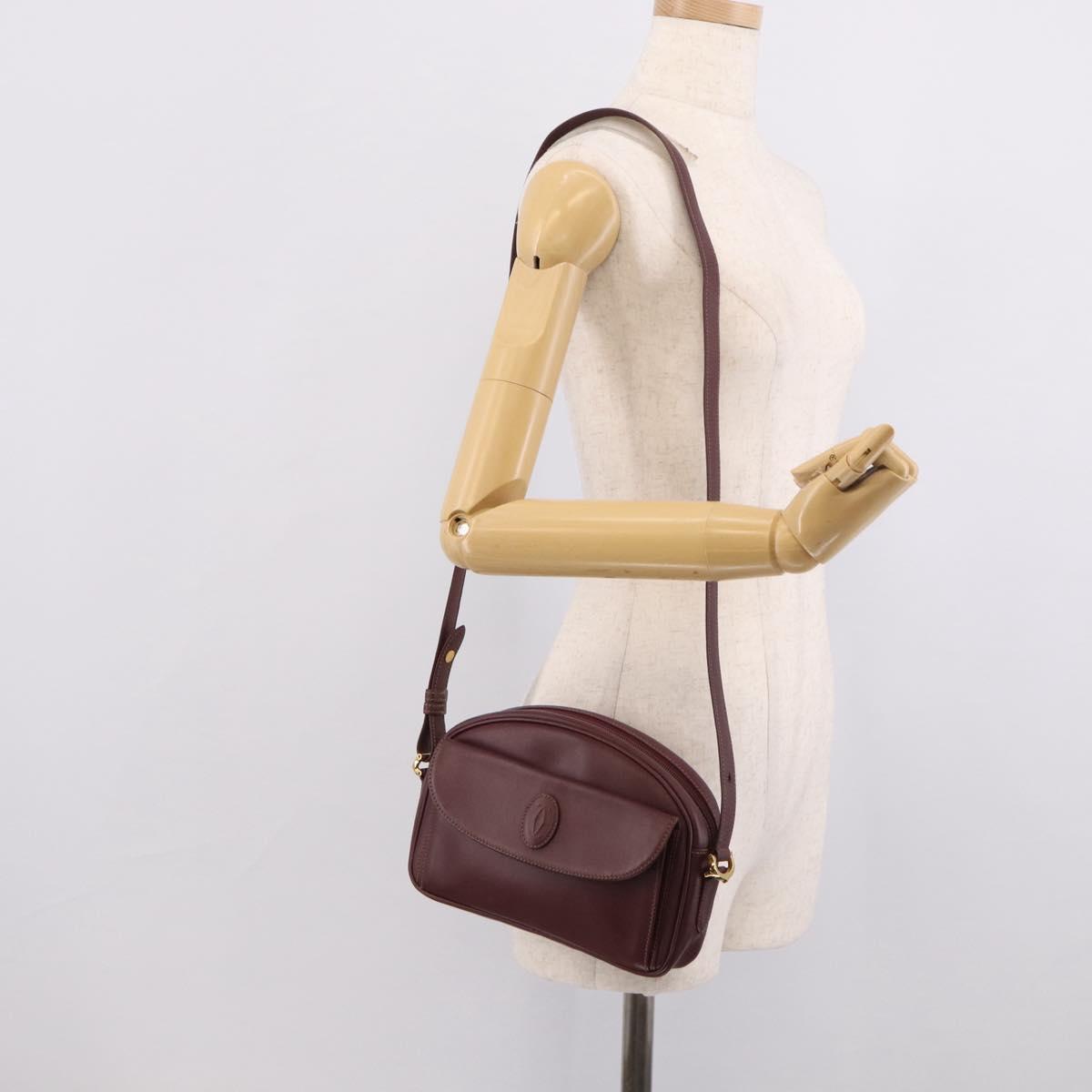 Cartier Shoulder Bag Leather Bordeaux Gold Auth ki6977
