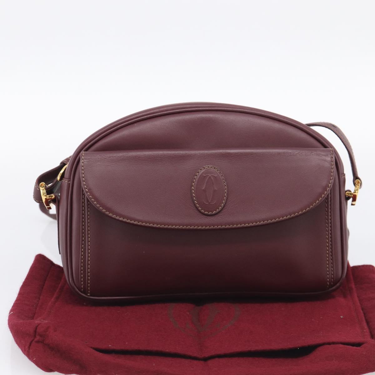 Cartier Shoulder Bag Leather Bordeaux Gold Auth ki6977