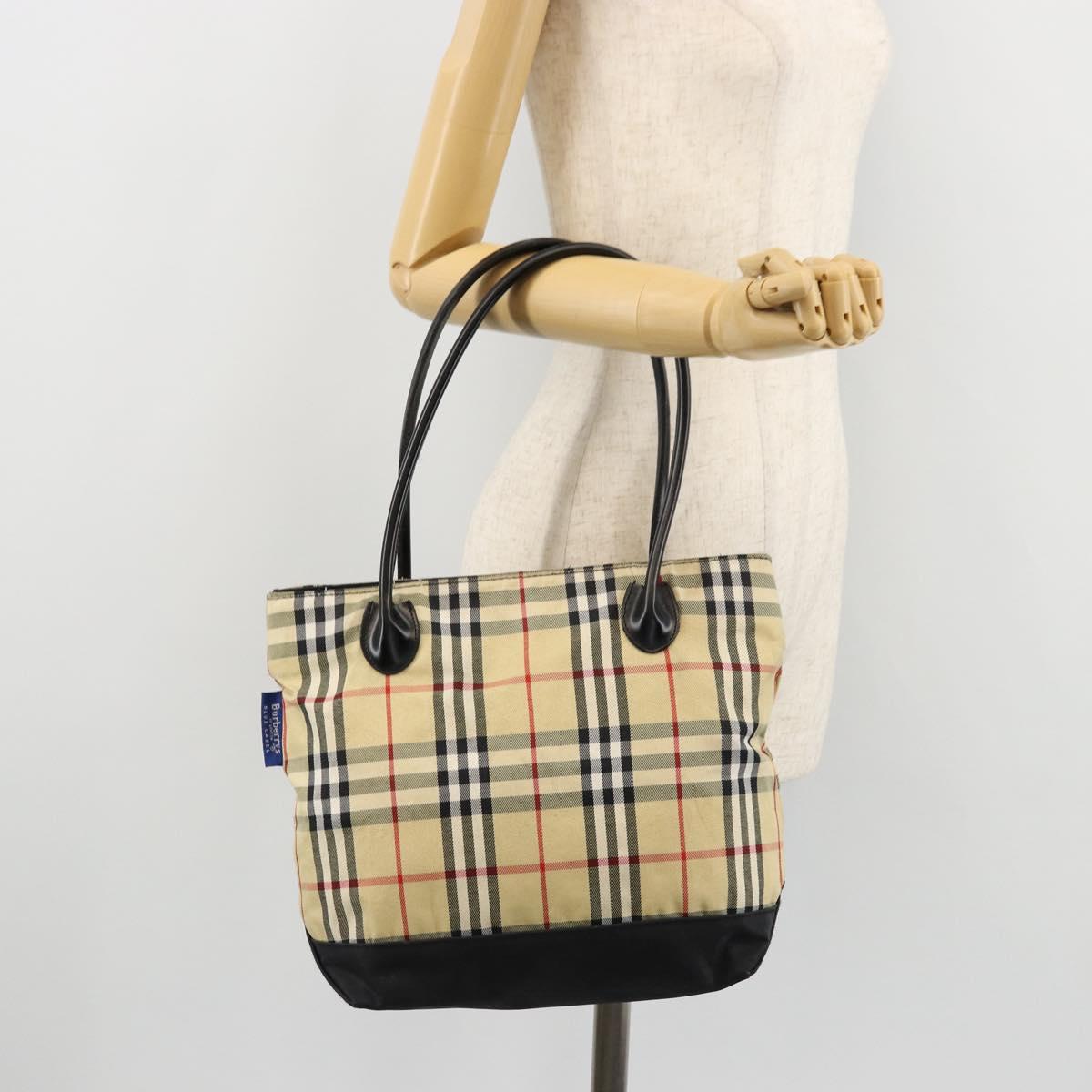 Burberrys Nova Check Blue Label Tote Bag Nylon Beige Auth kk211