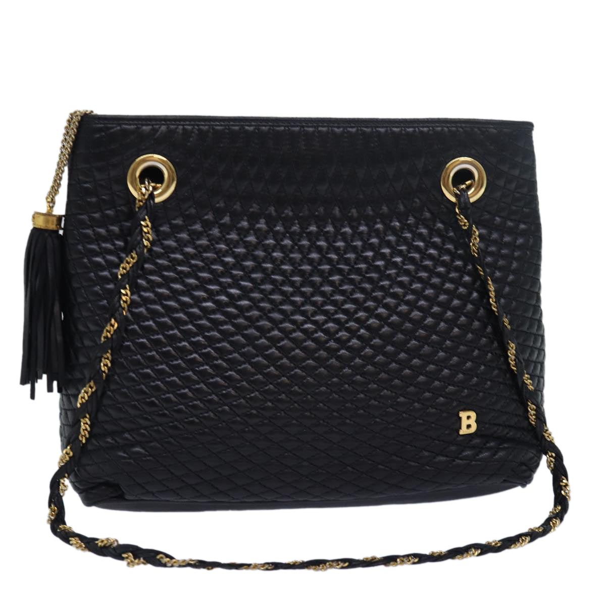 BALLY Quilted Chain Shoulder Bag Leather Black Auth kk248