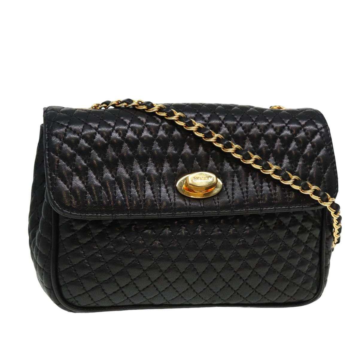 BALLY Quilted Chain Shoulder Bag Leather Black Auth kk253