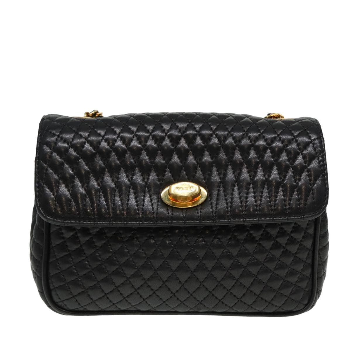 BALLY Quilted Chain Shoulder Bag Leather Black Auth kk253