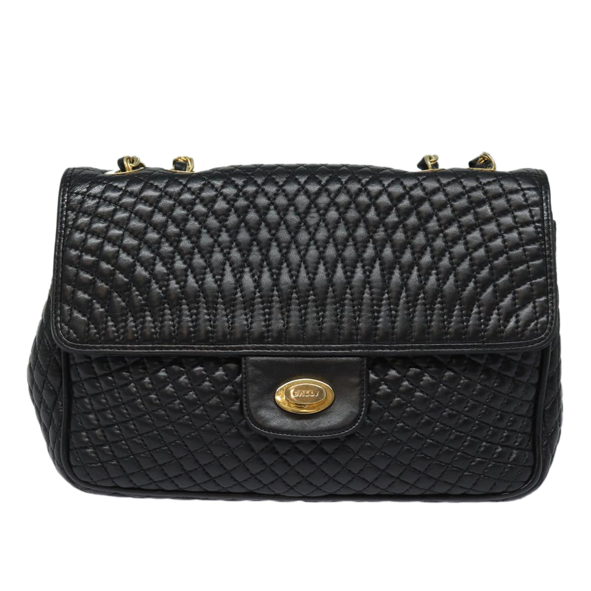 BALLY Quilted Chain Shoulder Bag Leather Black Auth kk268