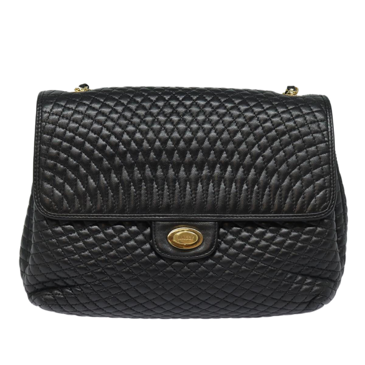 BALLY Quilted Chain Shoulder Bag Leather Black Auth kk270