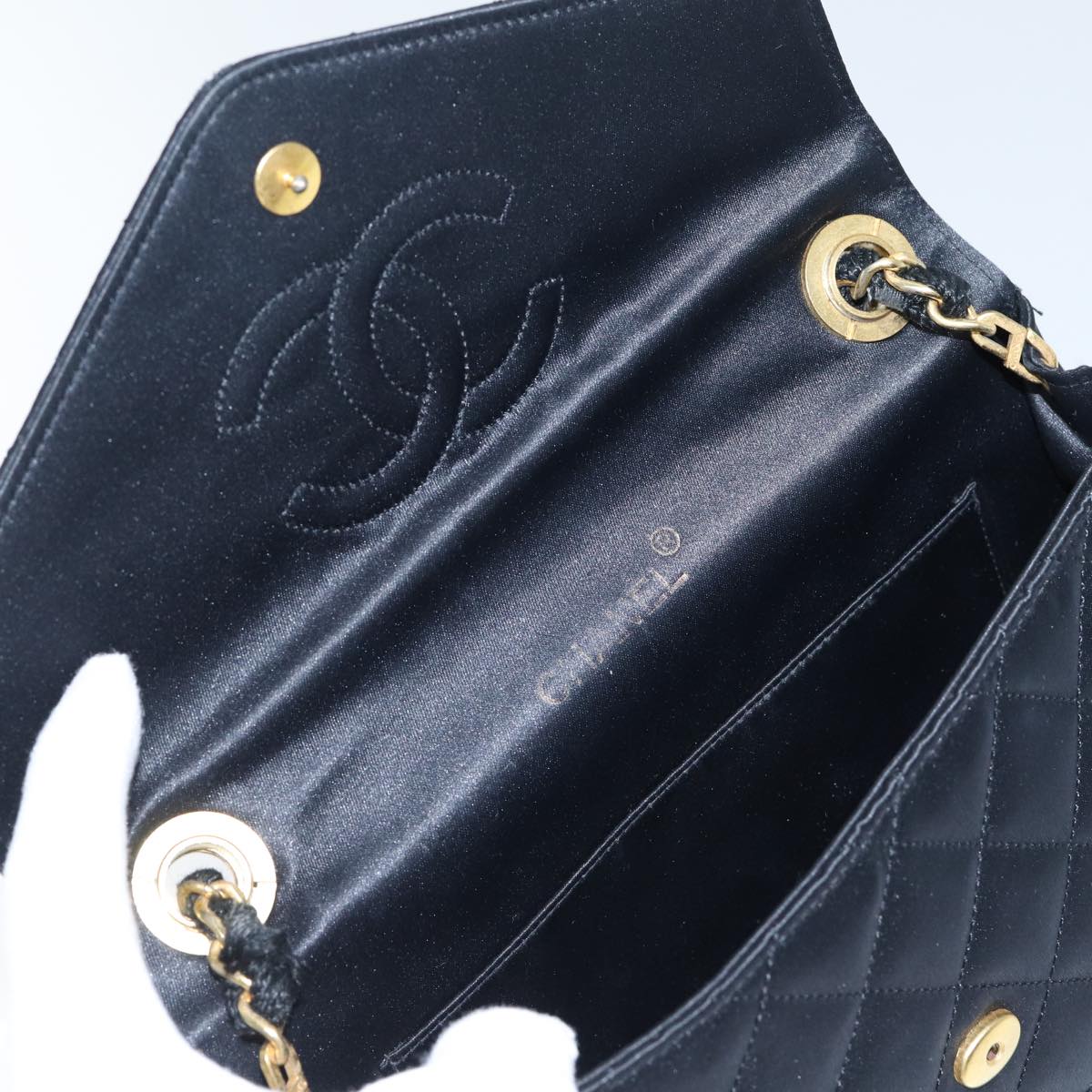 CHANEL Matelasse Stone Chain Shoulder Bag Satin Black CC Auth kk285V