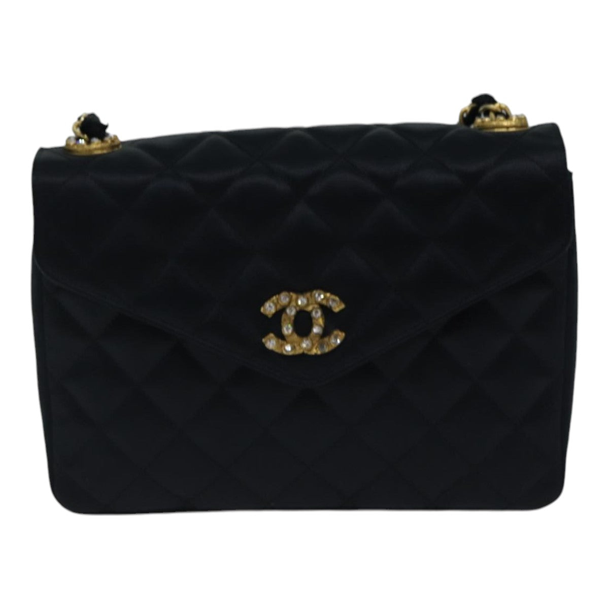 CHANEL Matelasse Stone Chain Shoulder Bag Satin Black CC Auth kk285V