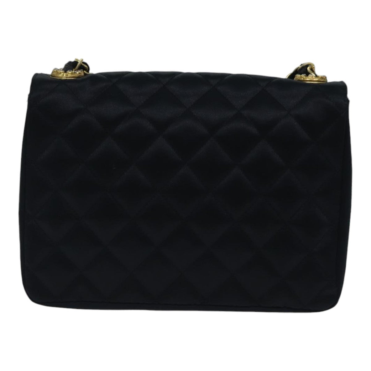 CHANEL Matelasse Stone Chain Shoulder Bag Satin Black CC Auth kk285V
