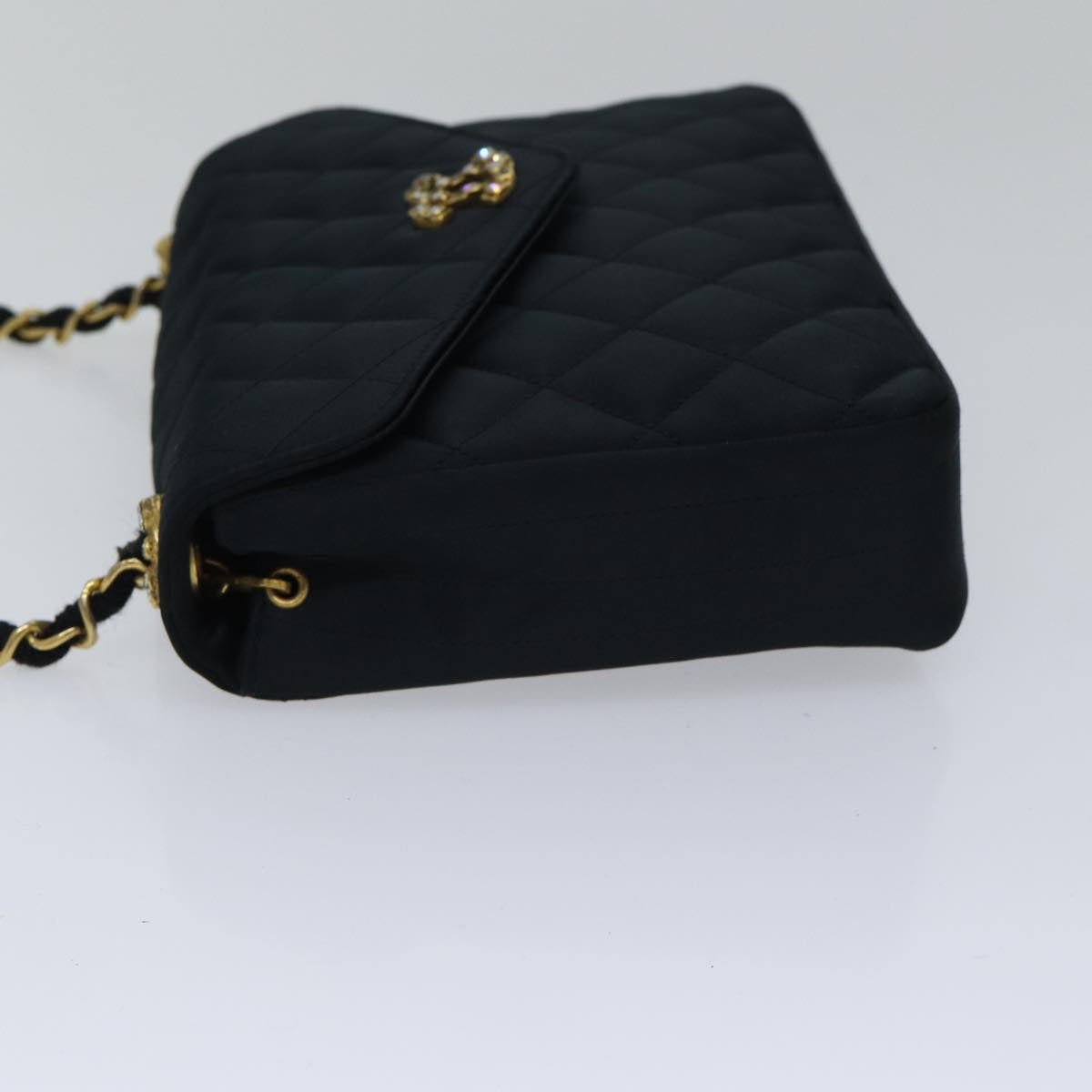 CHANEL Matelasse Stone Chain Shoulder Bag Satin Black CC Auth kk285V