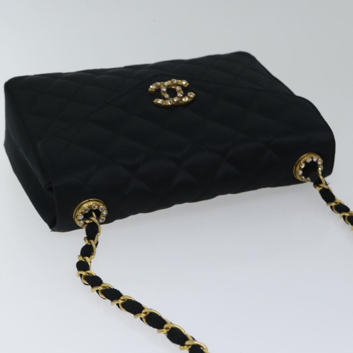 CHANEL Matelasse Stone Chain Shoulder Bag Satin Black CC Auth kk285V