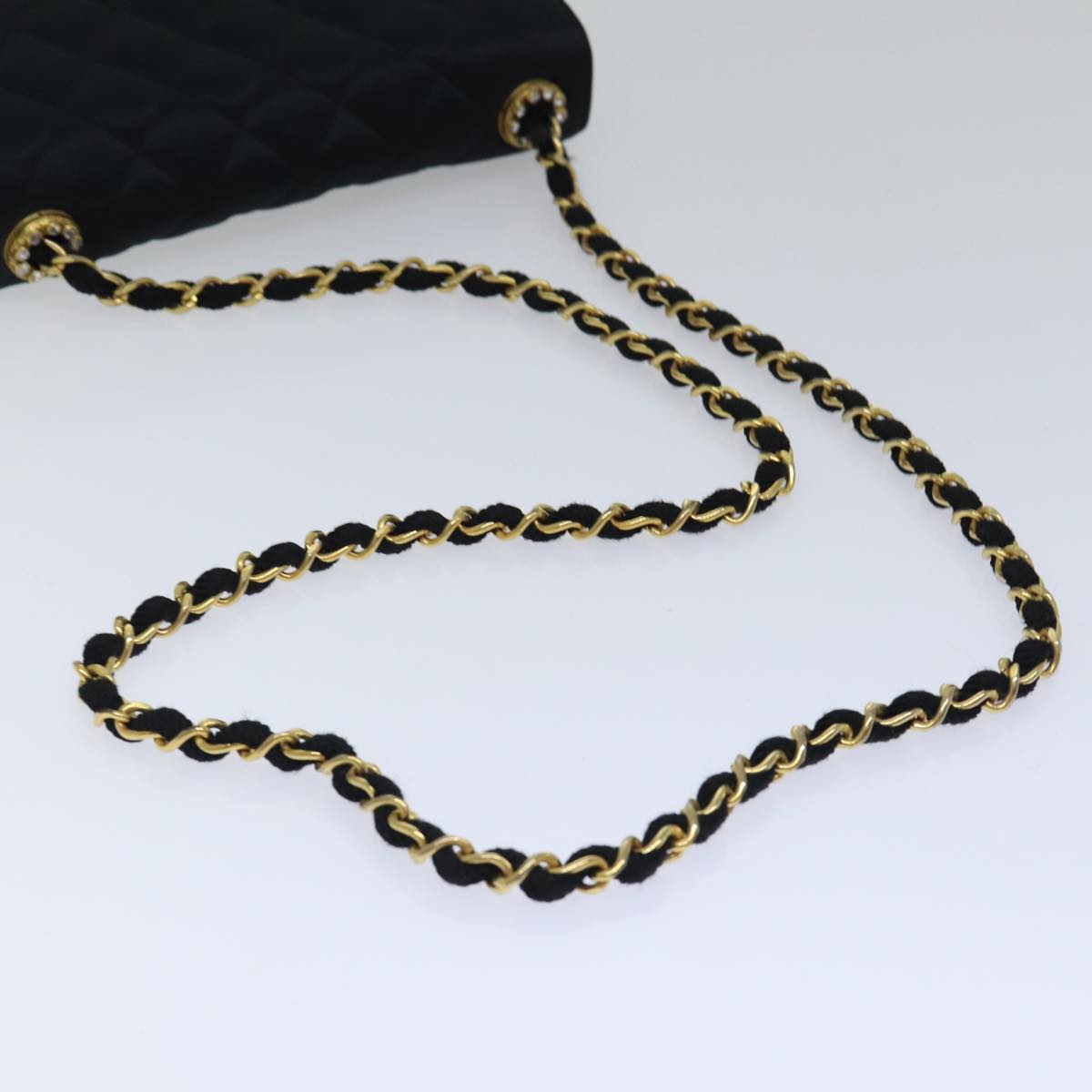 CHANEL Matelasse Stone Chain Shoulder Bag Satin Black CC Auth kk285V