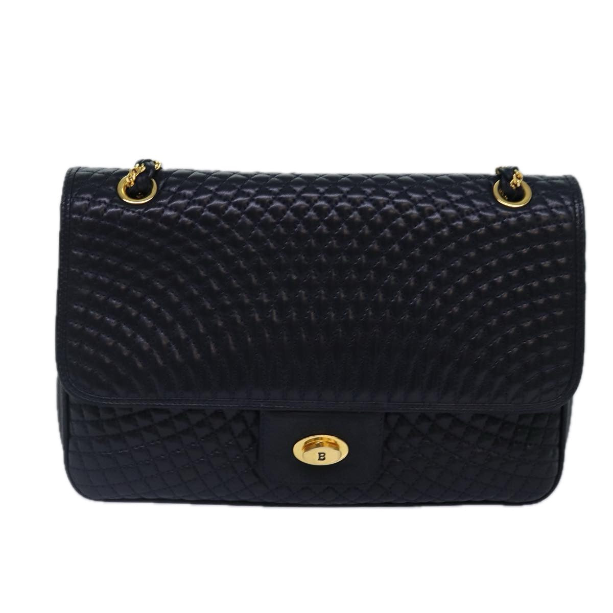 BALLY Quilted Chain Shoulder Bag Leather Navy Gold Auth kk305