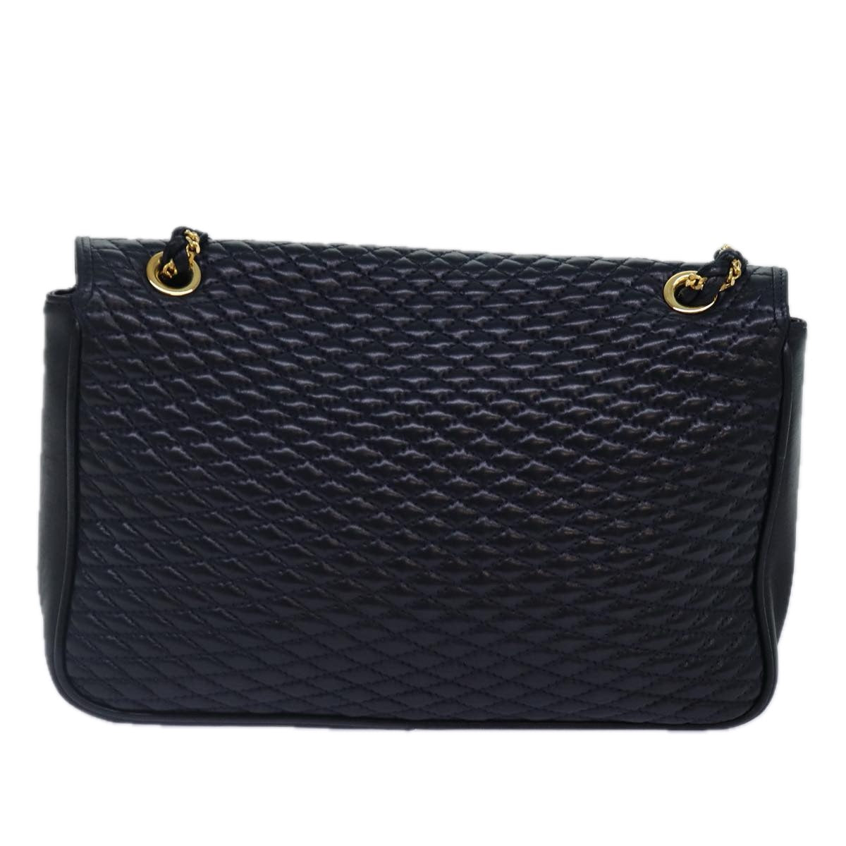 BALLY Quilted Chain Shoulder Bag Leather Navy Gold Auth kk305