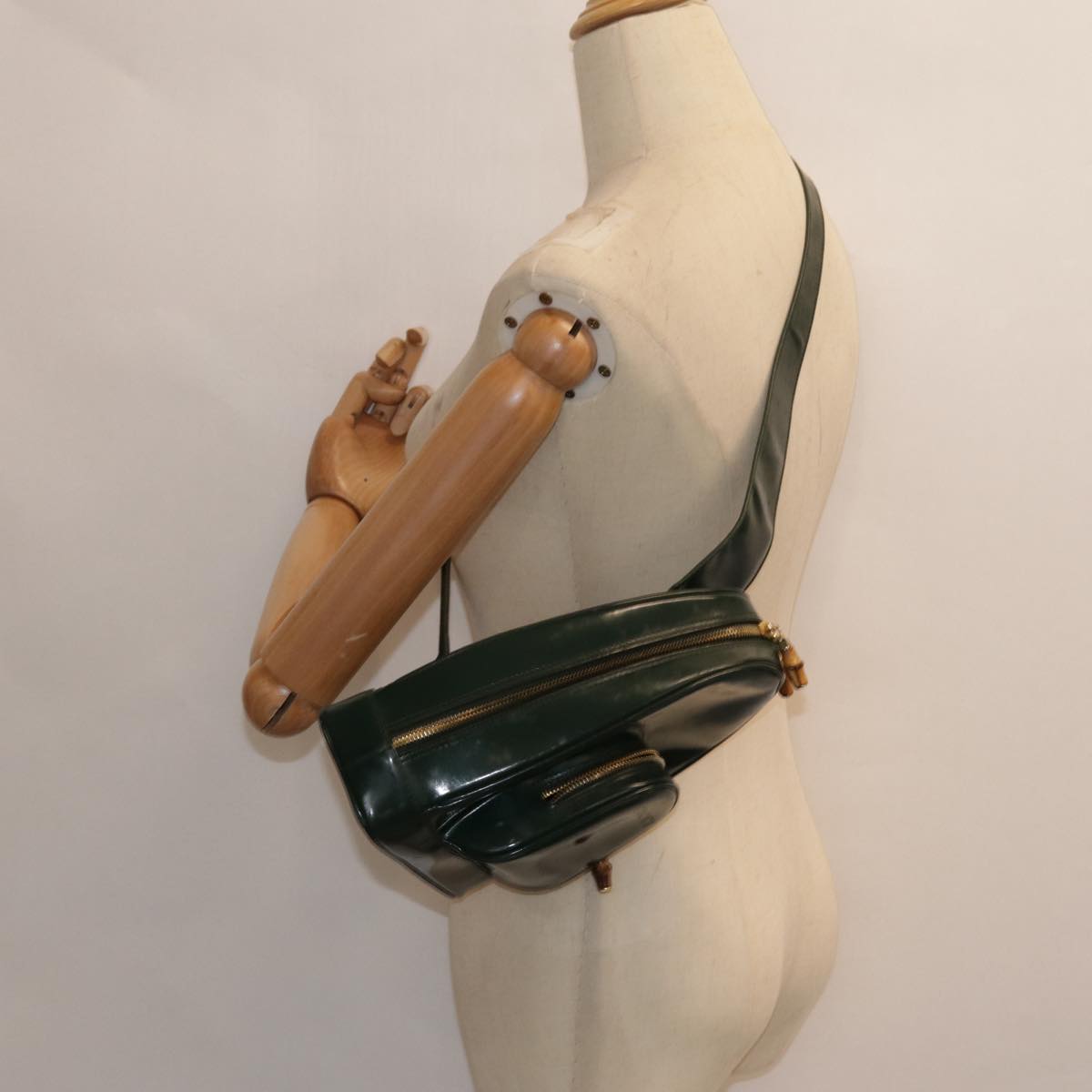 GUCCI Bamboo Body Bag Patent leather Green Gold 003 3444 0127 Auth kk308