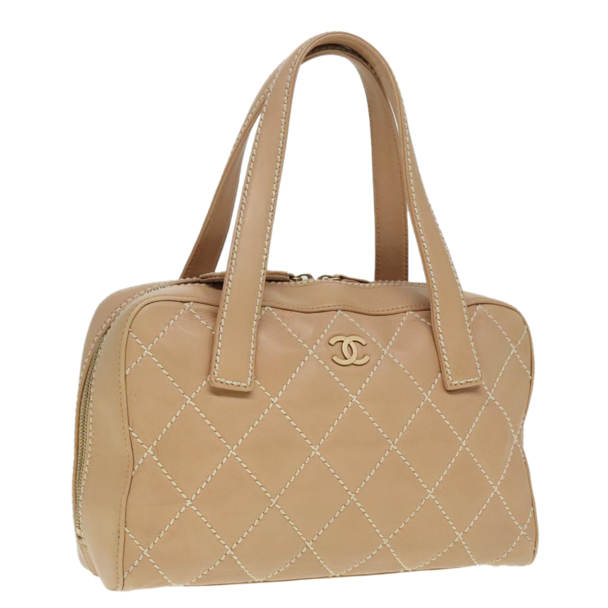 CHANEL Matelasse Wild Stitch Hand Bag Leather Beige Gold CC Auth kk334