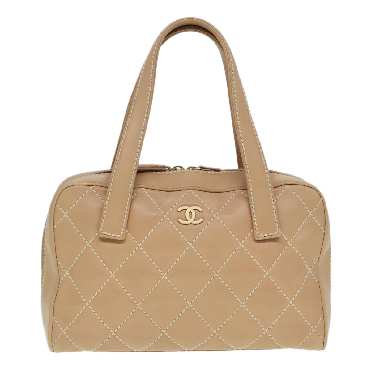 CHANEL Matelasse Wild Stitch Hand Bag Leather Beige Gold CC Auth kk334