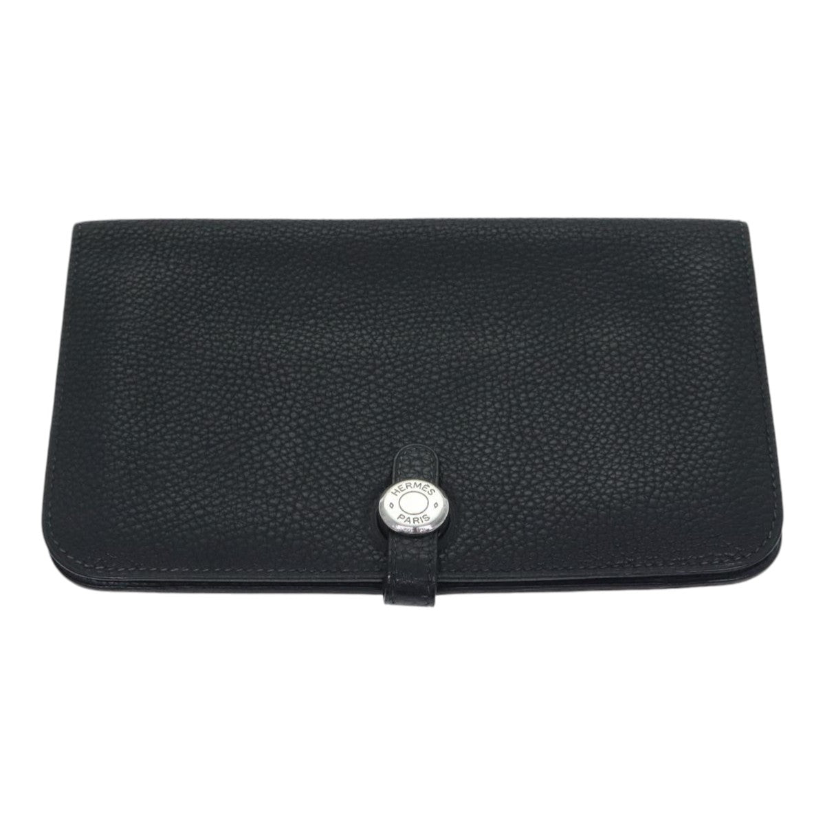 HERMES Dogon GM Long Wallet Leather Black Silver Auth kk338