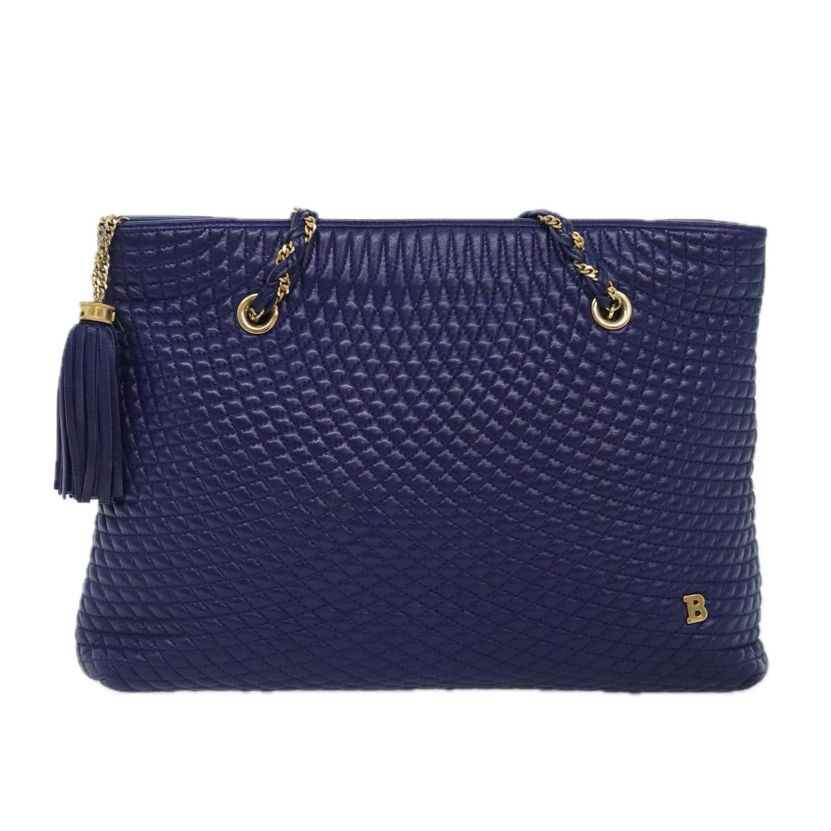 BALLY Quilted Chain Shoulder Bag Leather Blue Gold Auth kk339