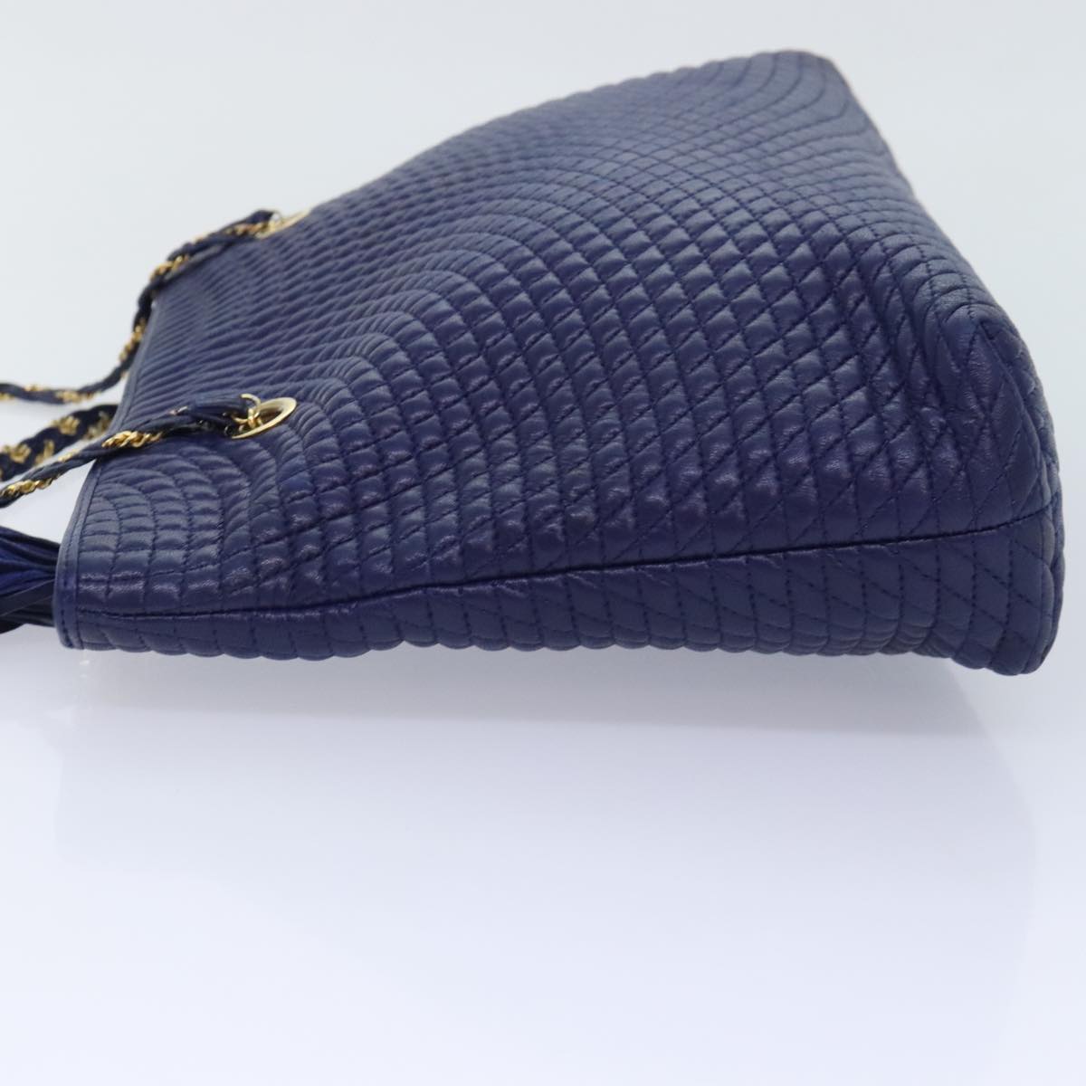 BALLY Quilted Chain Shoulder Bag Leather Blue Gold Auth kk339