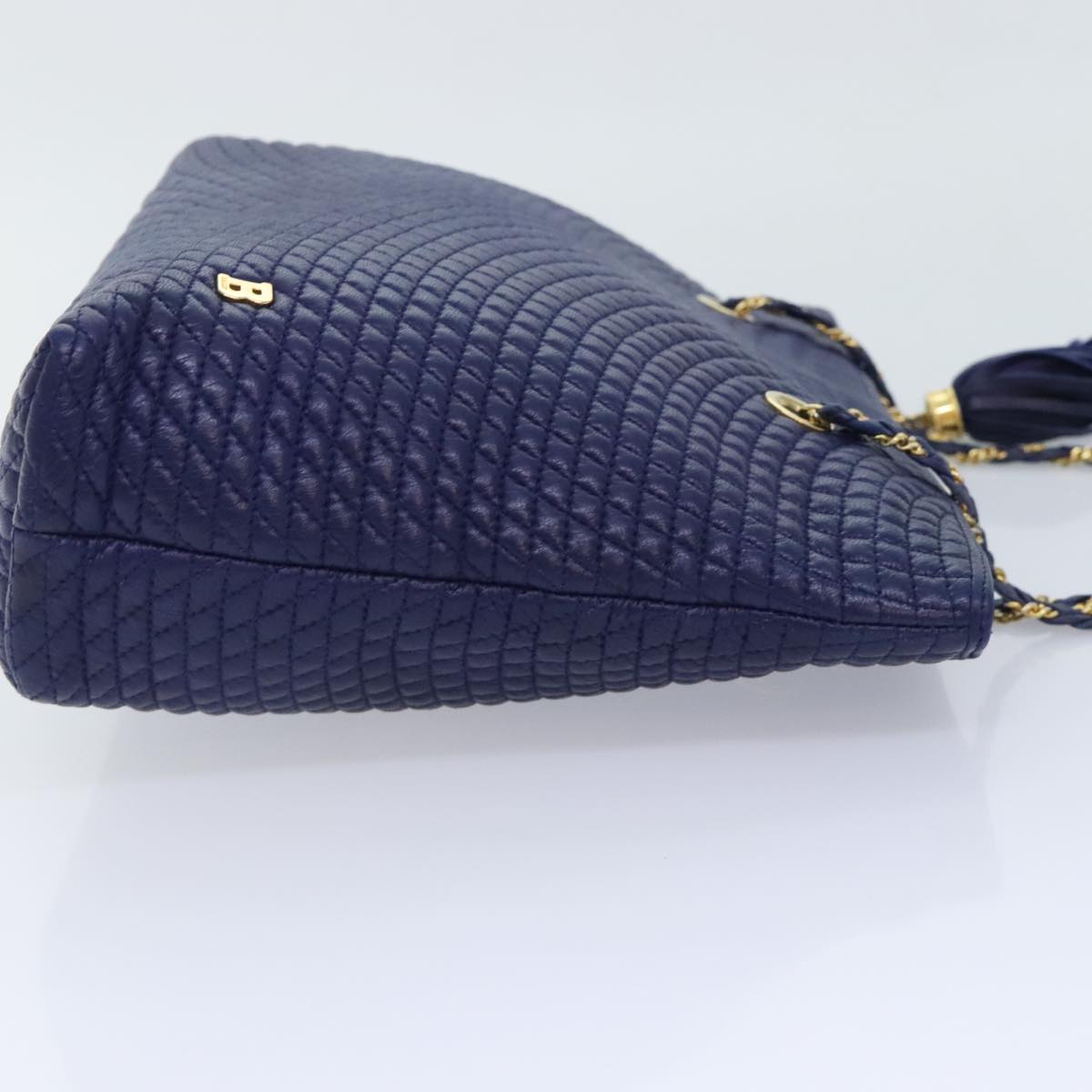 BALLY Quilted Chain Shoulder Bag Leather Blue Gold Auth kk339