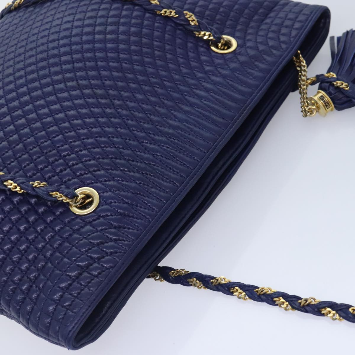 BALLY Quilted Chain Shoulder Bag Leather Blue Gold Auth kk339