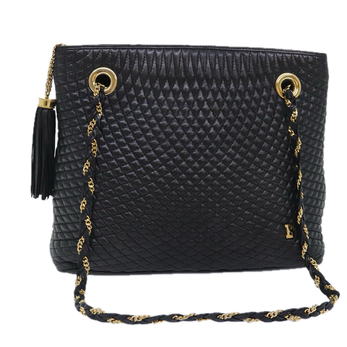 BALLY Quilted Chain Shoulder Bag Leather Black Gold Auth kk340