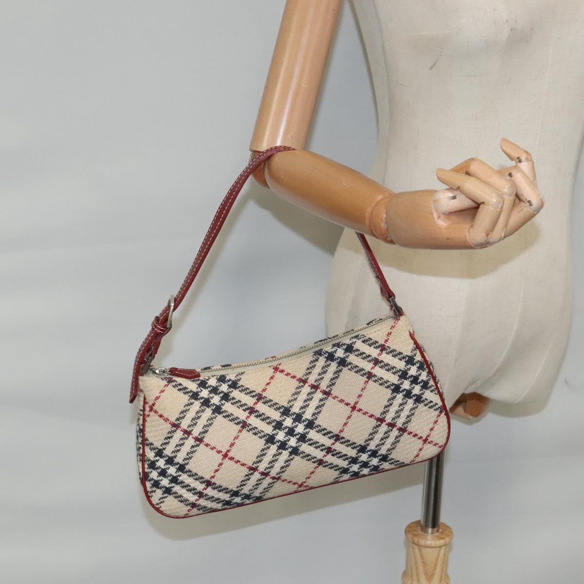 BURBERRY Nova Check Blue Label Hand Bag Canvas Beige Red Silver Auth kk355