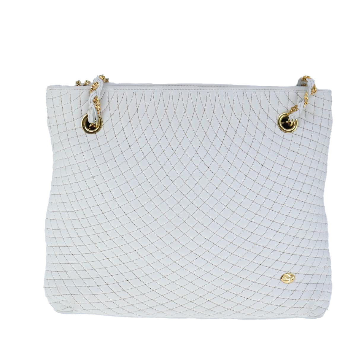 BALLY Quilted Chain Shoulder Bag Leather White Gold Auth kk381