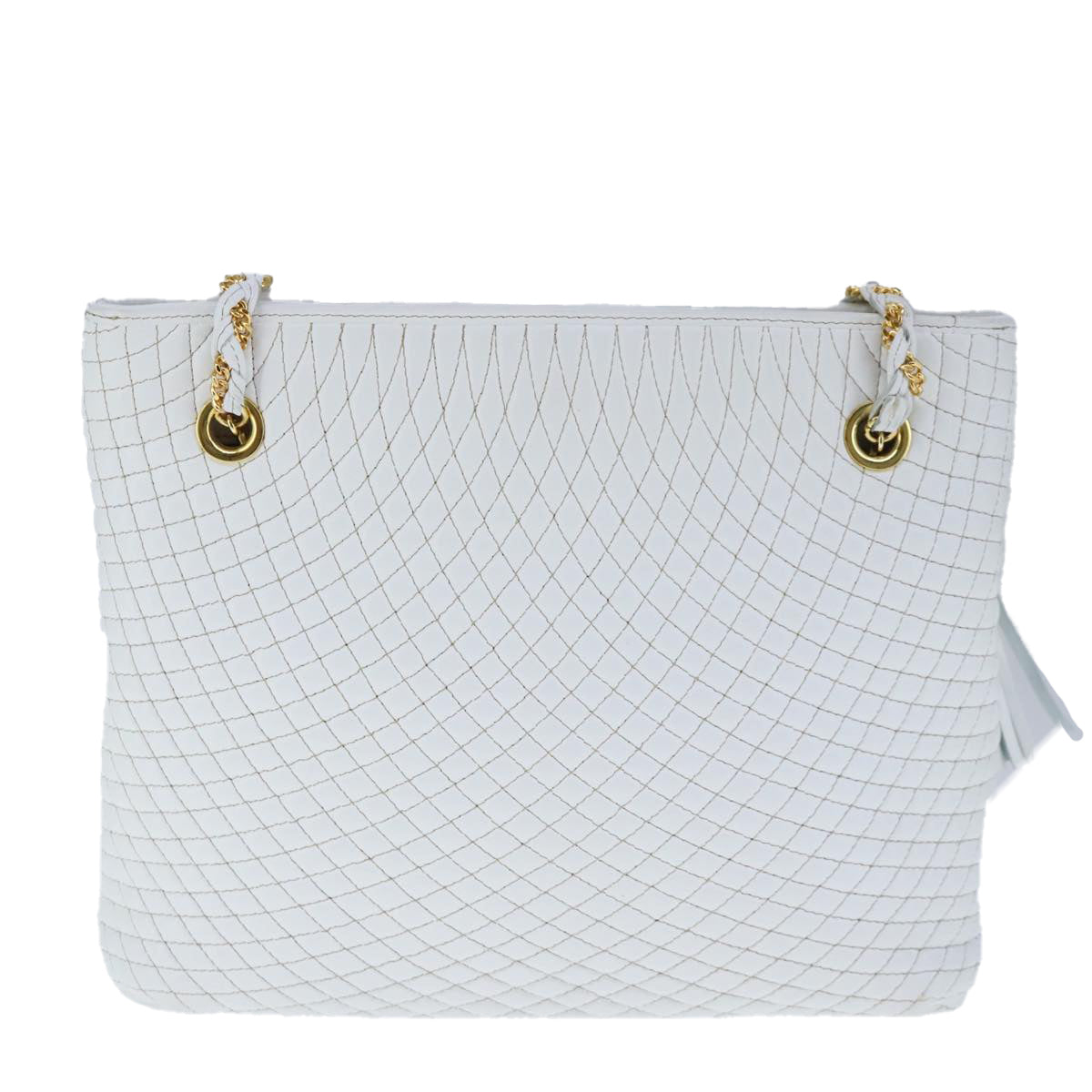 BALLY Quilted Chain Shoulder Bag Leather White Gold Auth kk381