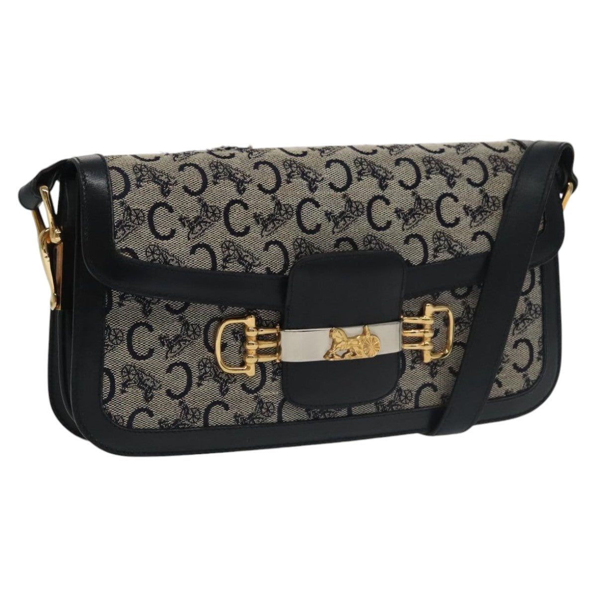 CELINE C Sulky Shoulder Bag Canvas Navy Gold Auth kk382