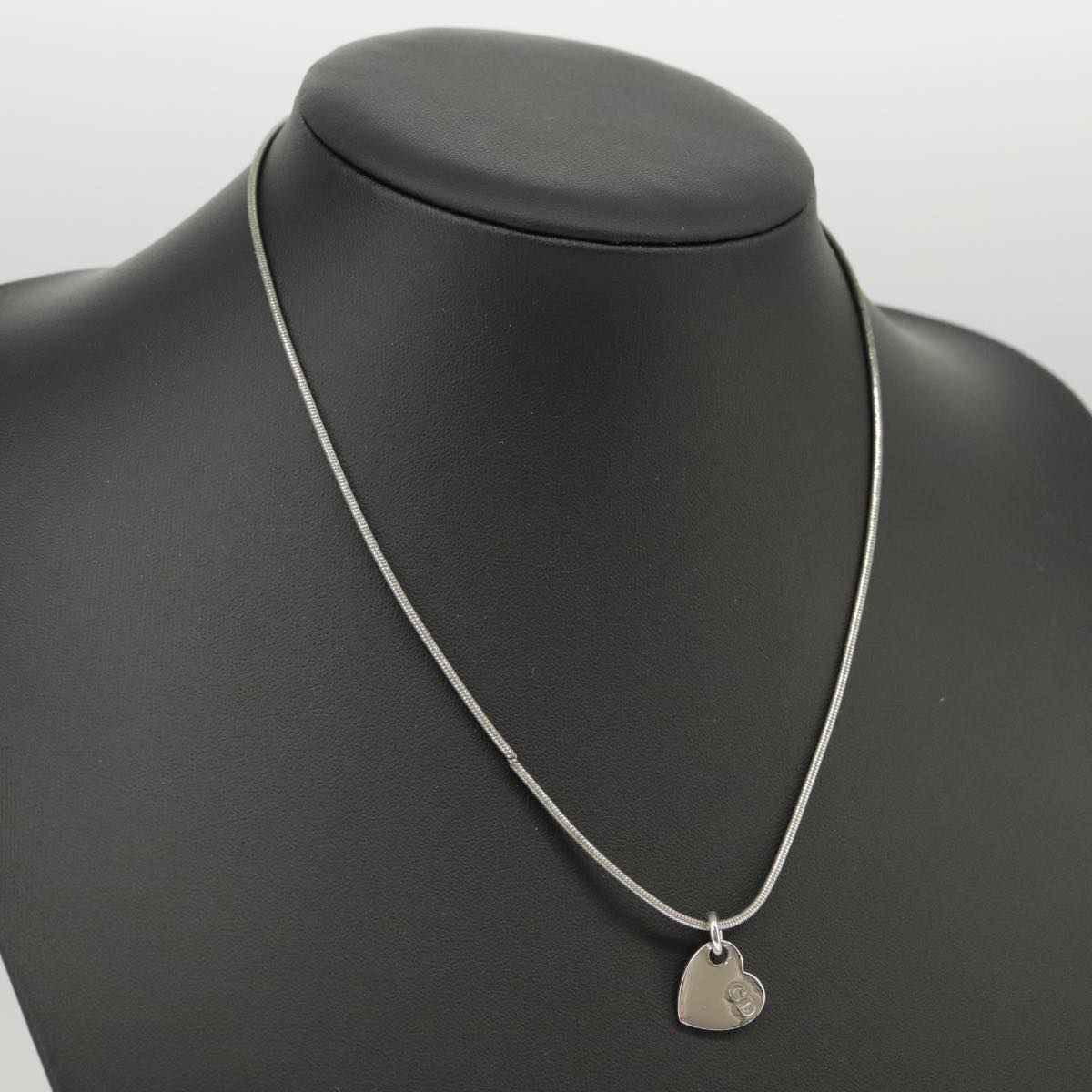 Christian Dior Heart Necklace Metal Silver Auth kk395