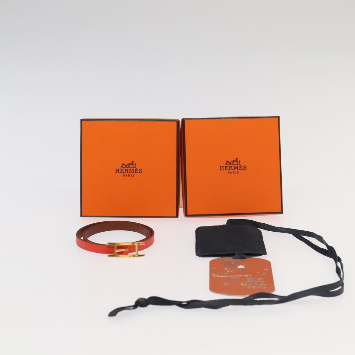 HERMES B Api Double Tour Charm Bracelet Leather 2Set Orange Navy Auth kk397