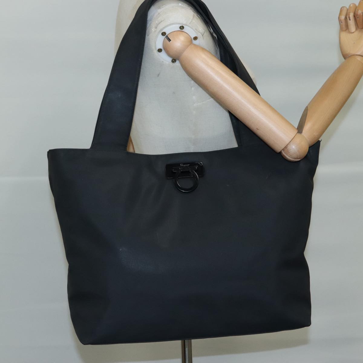 Salvatore Ferragamo Gancini Tote Bag PVC Canvas Black Auth kk413
