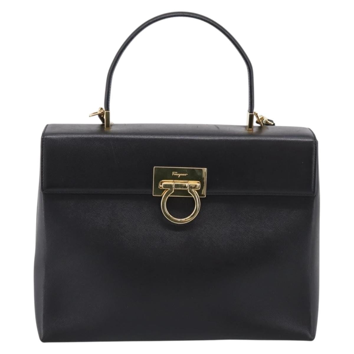 Salvatore Ferragamo Gancini Hand Bag Leather 2way Black Gold Auth kk442