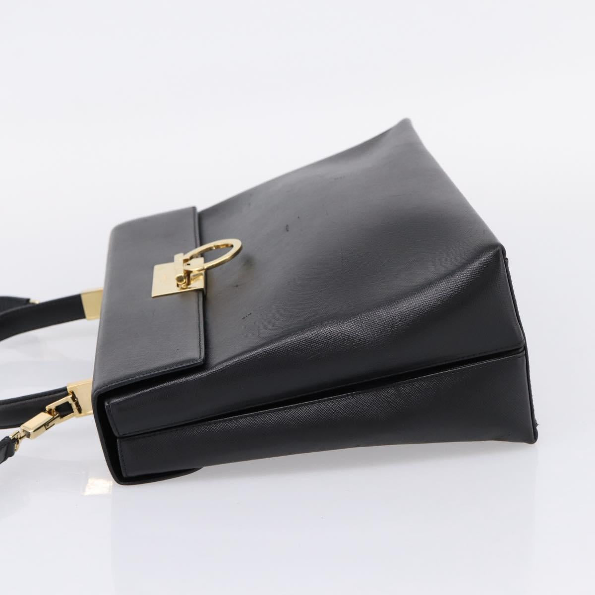 Salvatore Ferragamo Gancini Hand Bag Leather 2way Black Gold Auth kk442