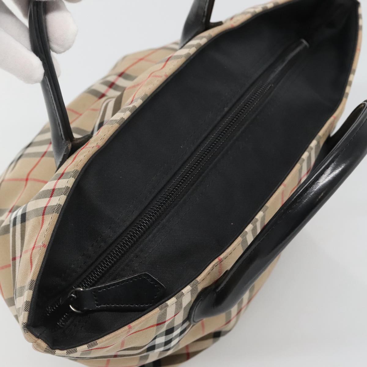 BURBERRY Nova Check Blue Label Hand Bag Nylon Beige Silver Auth kk458