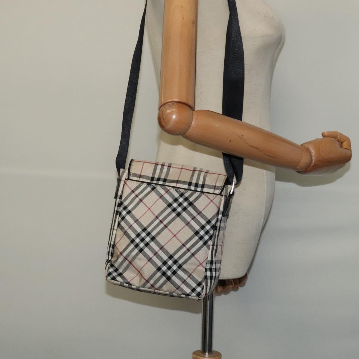 BURBERRY Nova Check Blue Label Shoulder Bag Nylon Beige Silver Auth kk460
