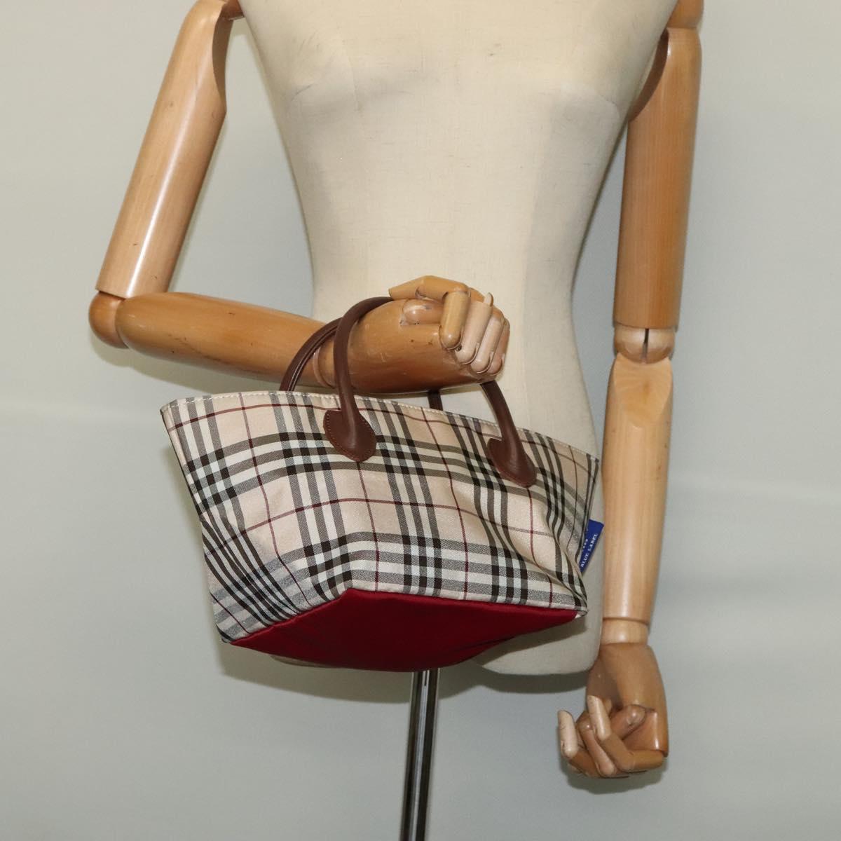 BURBERRY Nova Check Blue Label Tote Bag Nylon Beige Silver Auth kk461