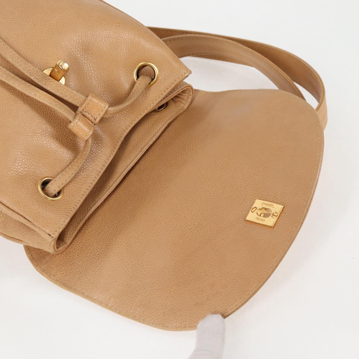 CHANEL Backpack Calf Skin Beige Gold CC Auth kk466A