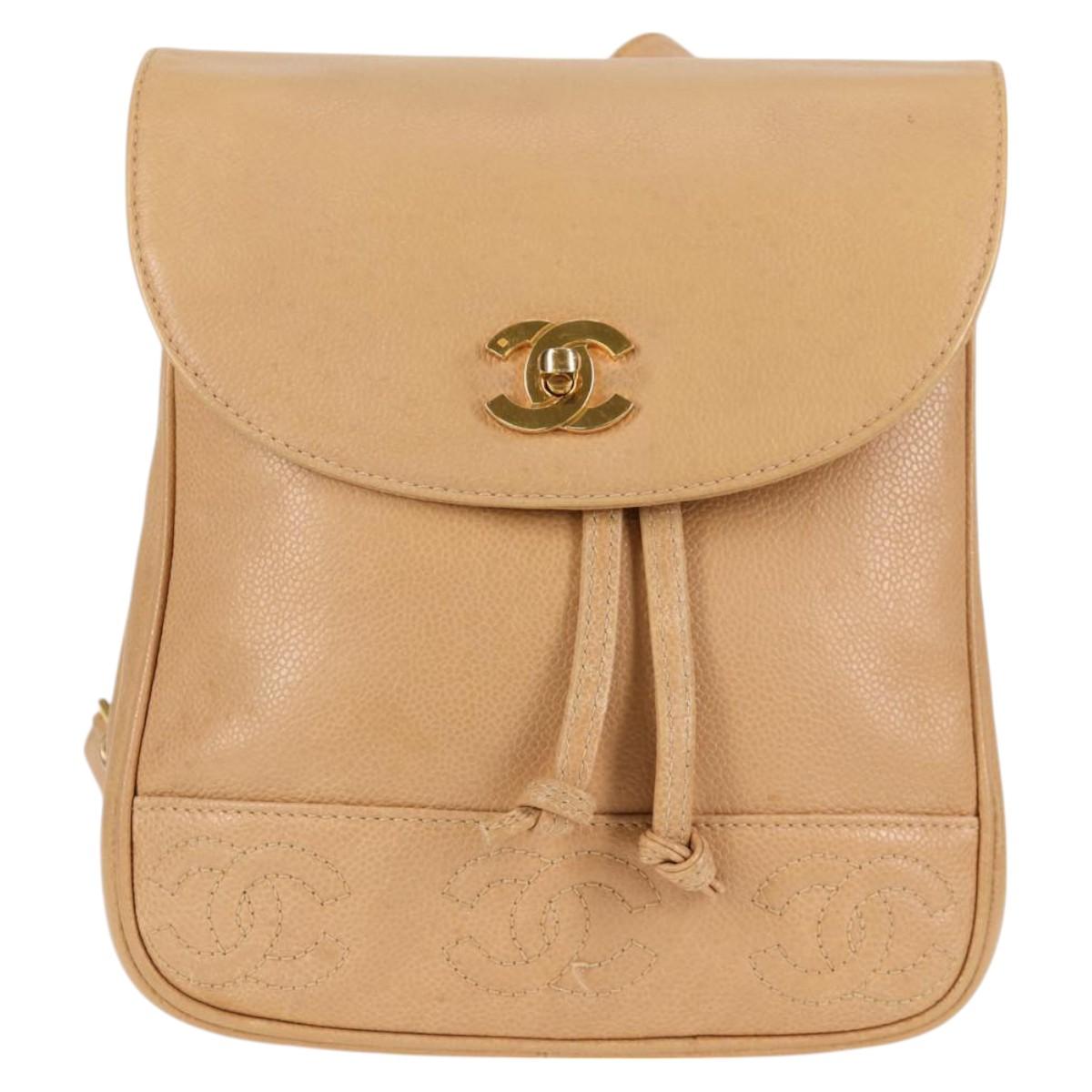 CHANEL Backpack Calf Skin Beige Gold CC Auth kk466A
