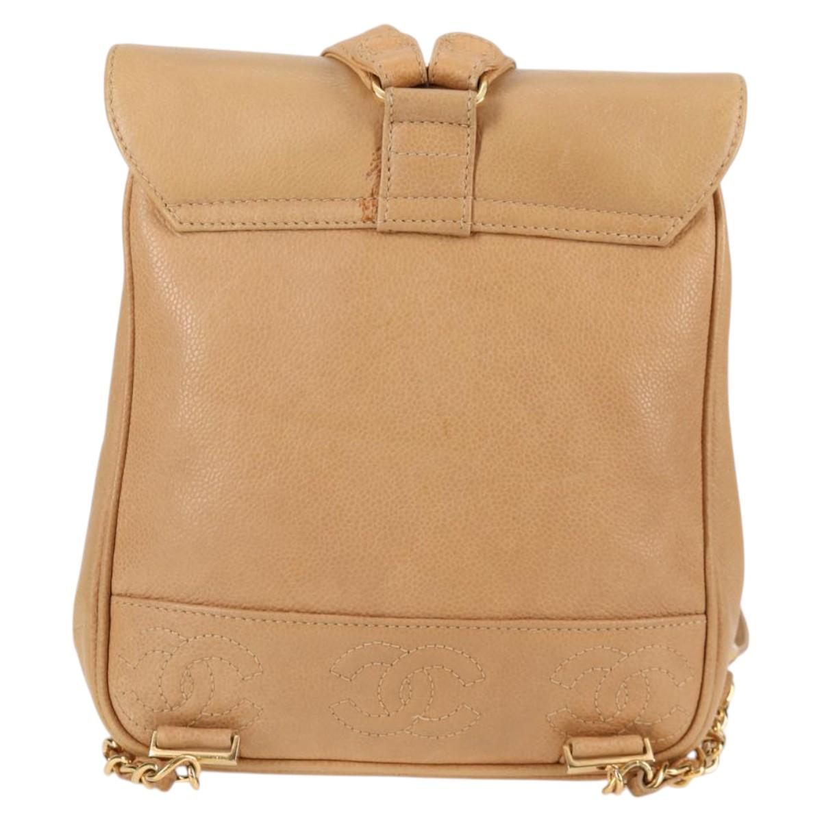 CHANEL Backpack Calf Skin Beige Gold CC Auth kk466A