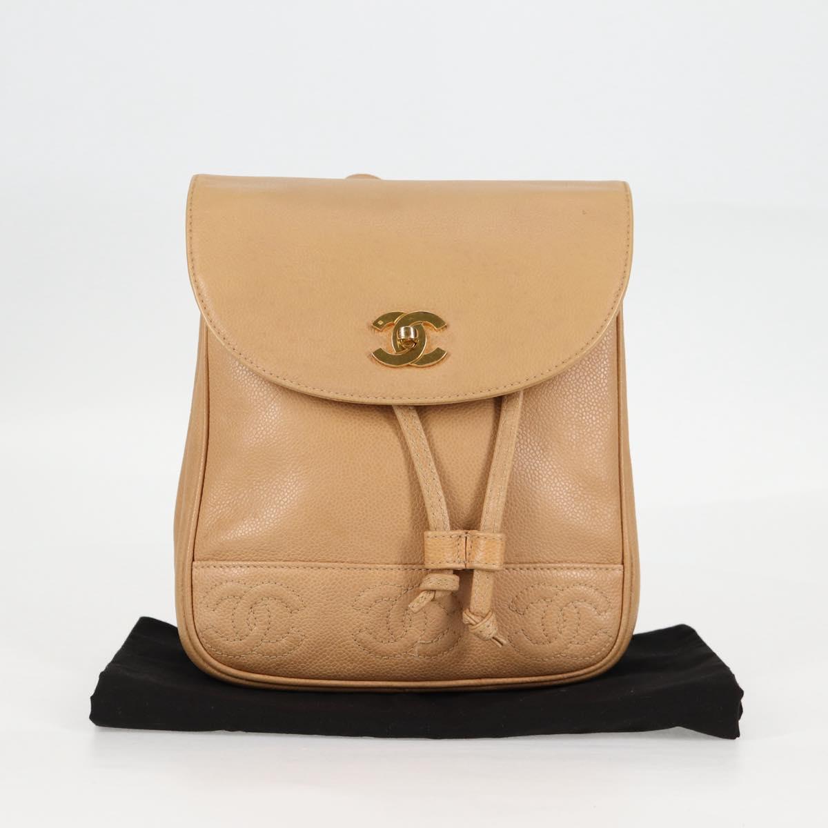 CHANEL Backpack Calf Skin Beige Gold CC Auth kk466A